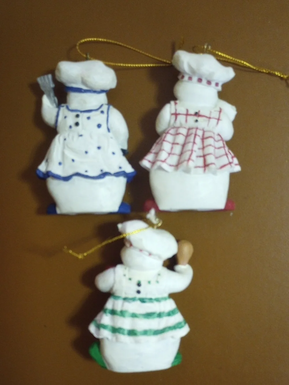 Set of 3 Snowman Chef 3D Christmas Tree Holiday Ornaments. White Red Green Blue